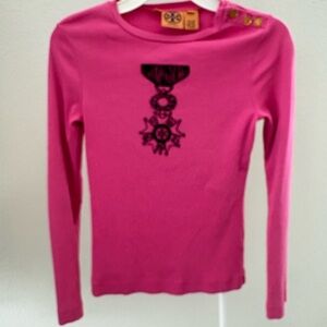 Tory Burch Hot Pink Long Sleeve Tee with Black Medal Graphic